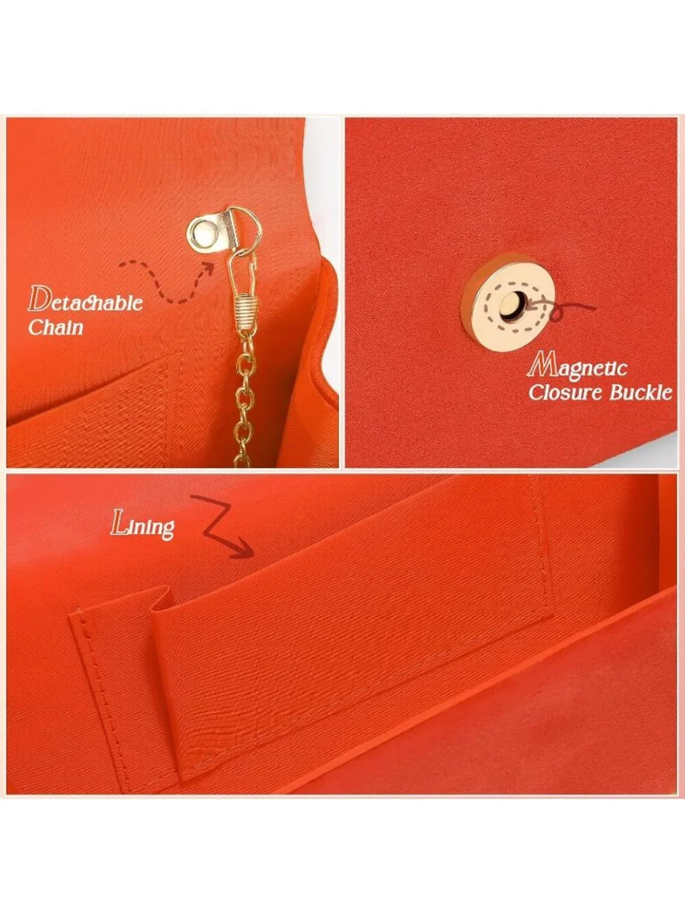 Women’s Orange Formal Clutch Purse Elegant Evening Bag Detachable Chain Strap